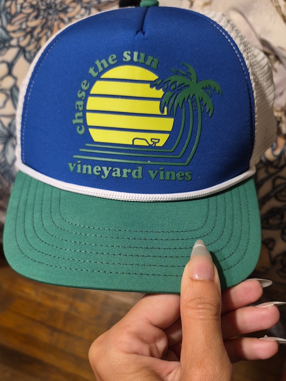 Vineyard Vines Blue Front Green Brim Trucker Hat with Yellow Sun Graphic